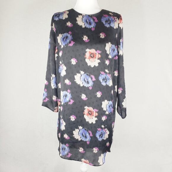 Topshop Shift Dress Women 6 Floral Black Blue Pink High Low Tunic Long Sleeve - Picture 2 of 10